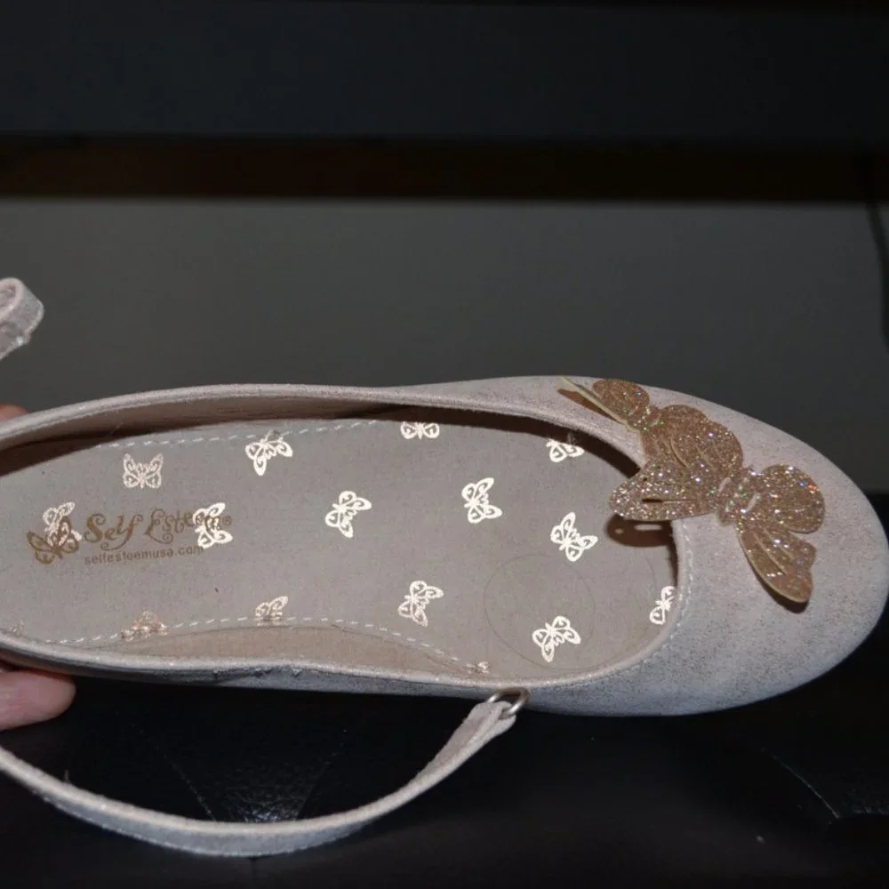 Self Esteem (R) Cream Sparkly Shoes Golden Butterflies Decor Ankle Fastener 3